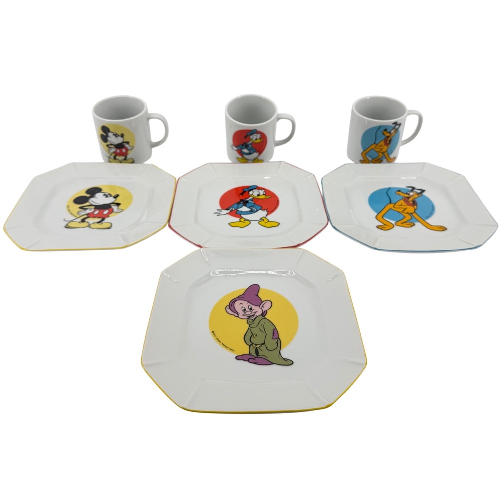 Walt Disney Productions 1970s Plate Mug Set 7pc White Mickey Donald Pluto Dopey